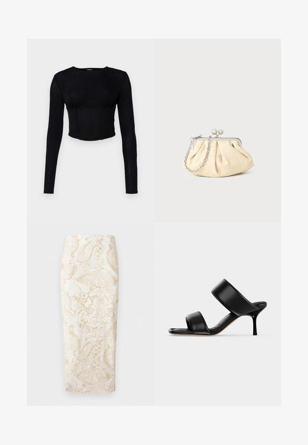 Zwarte lange mouwen crop top van gestructureerde stof, met een getailleerd ontwerp en plooidetails bij de buste.; Witte kokerrok met beige, ingewikkeld bloemen- en paisleypatroon, recht model, tot op de knie.; Zwarte leren mule sandaal met twee brede banden en een slanke, middelhoog stilettohak op een effen lichte achtergrond.; Geplooide beige leren clutch met een zilveren metalen frame, voorzien van twee ronde decoratieve sluitingen en een zilveren kettingriem.