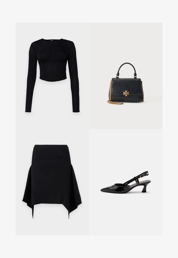 Schwarzes Langarm-Crop-Top aus strukturiertem Stoff, mit tailliertem Design und gerafften Details an der Brust.; Schwarzer, gerippter Strickrock mit asymmetrischem Zipfel-Saum und tailliertem Bund vor einem schlichten weißen Hintergrund.; Schwarzer Slingback-Pumps aus Lackleder mit spitzer Spitze und verstellbarem goldfarbenem Riemen auf weißem Hintergrund.; Schwarze Lederhandtasche mit Griff oben, goldener Kette als Träger und goldenem, puzzleförmigem Verschluss auf einfachem weißem Hintergrund.