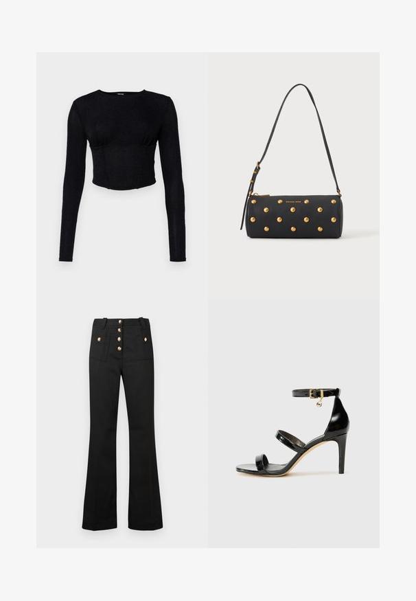 Schwarzes Langarm-Crop-Top aus strukturiertem Stoff, mit tailliertem Design und gerafften Details an der Brust.; Schwarze Schlaghosen aus strukturiertem Stoff, mit fünf goldenen Knöpfen zum Verschließen und zwei Vordertaschen. Maßgeschneiderte Passform mit sichtbaren Nahtdetails.; Schwarze Lackleder-Sandale mit drei Riemen, Knöchelriemen und 10 cm hohen Stiletto-Absatz. Verfügt über goldfarbene Hardware-Details und ein Logo-Charm.; Schwarze zylindrische Handtasche mit goldenen Nieten und verstellbarem Schulterriemen, mit goldenem "Michael Kors"-Logo auf der Vorderseite.