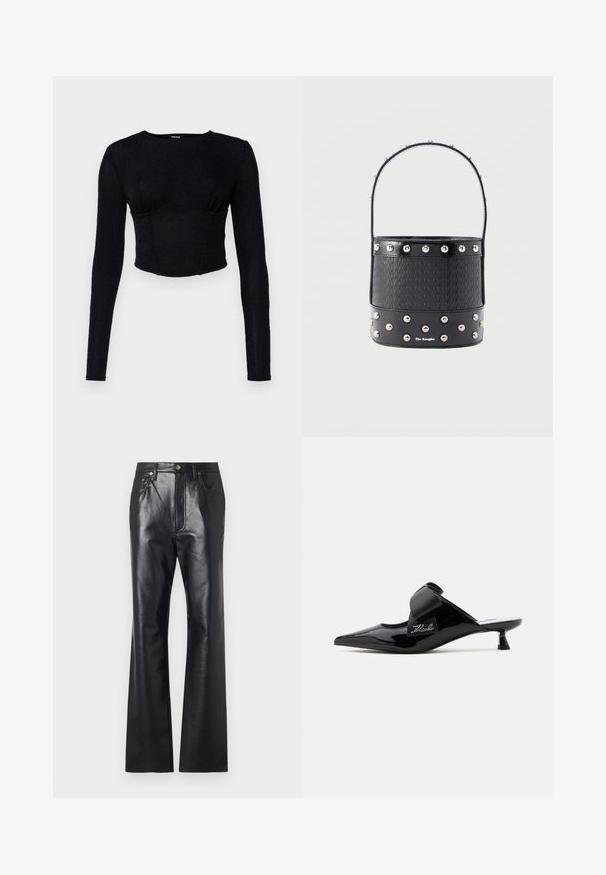 Sort langærmet crop top lavet af tekstureret stof, med en tætsiddende pasform og rynket detaljer ved brystet.; Sorte læderbukser med en glat tekstur, design med udvidede ben, lynlås foran og bæltestropper. Har diskrete stikninger som accent.; Sort laklæder mule med spids snude, lille kitten hæl, stor dekorativ sløjfe og lille rhinsten detalje på siden.; Sort spandtaske med vævet tekstur, sølvsømdekorationer og en slank hank. Har mærkning foran og en glat læderbund.