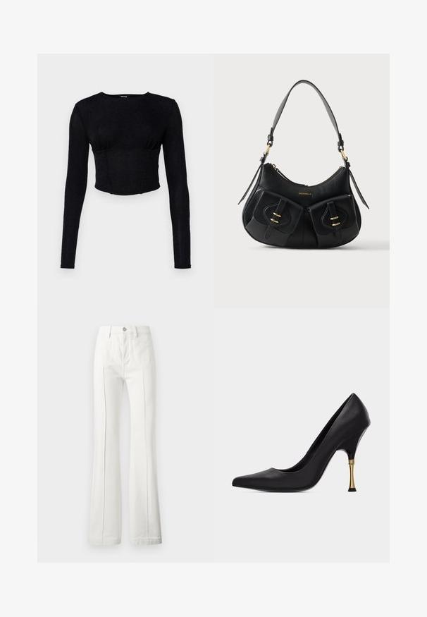 Sort langærmet crop top lavet af tekstureret stof, med en tætsiddende pasform og rynket detaljer ved brystet.; Hvide flared jeans lavet af denim, med høj talje, kontrastfarvet syning og en ren finish uden slidte effekter.; Sort læder stilletto-pump med spids tå, unik smal guldhæl og sort spids på en neutral baggrund.; Sort lædertaske med justerbar skulderrem, to frontlommer med spænder, guldfarvet hardware og "Coccinelle"-logo øverst i midten.
