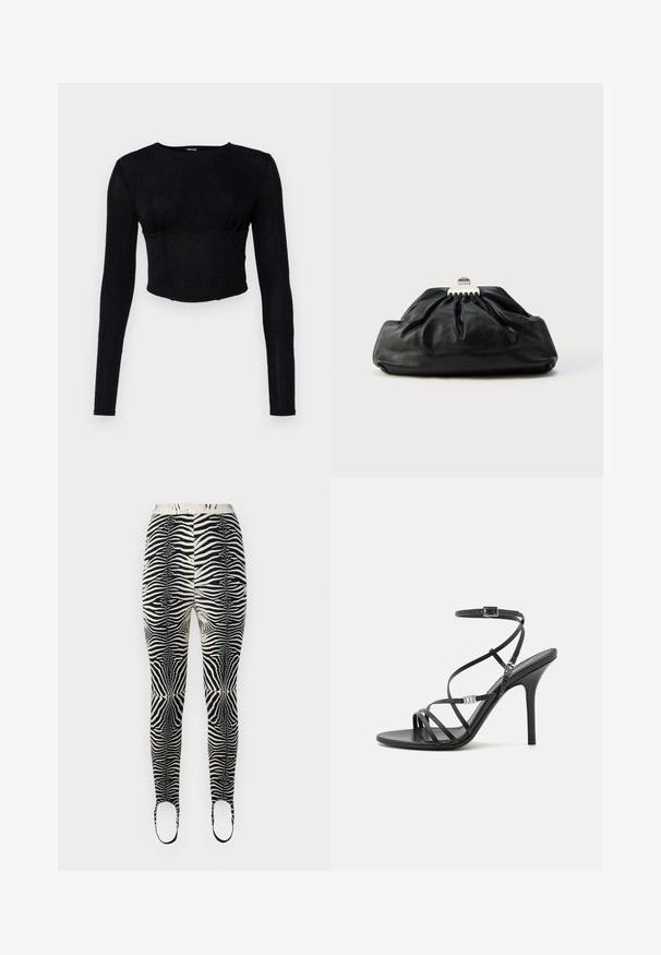 Top cropped de manga larga negro, hecho de tela texturizada, con un diseño ajustado y detalles fruncidos en el busto.; Leggings con estampado de cebra en una combinación de color negro y beige, material elástico, cintura alta y aberturas para los pies con correas.; Sándalo negro de tacón alto con tiras finas, hebilla en el tobillo, superficie de cuero suave y tacón de aguja esbelto.; Bolso de mano de cuero negro con textura recogida, cierre de broche metálico y logo en relieve sutil en el frente. Forma redondeada.