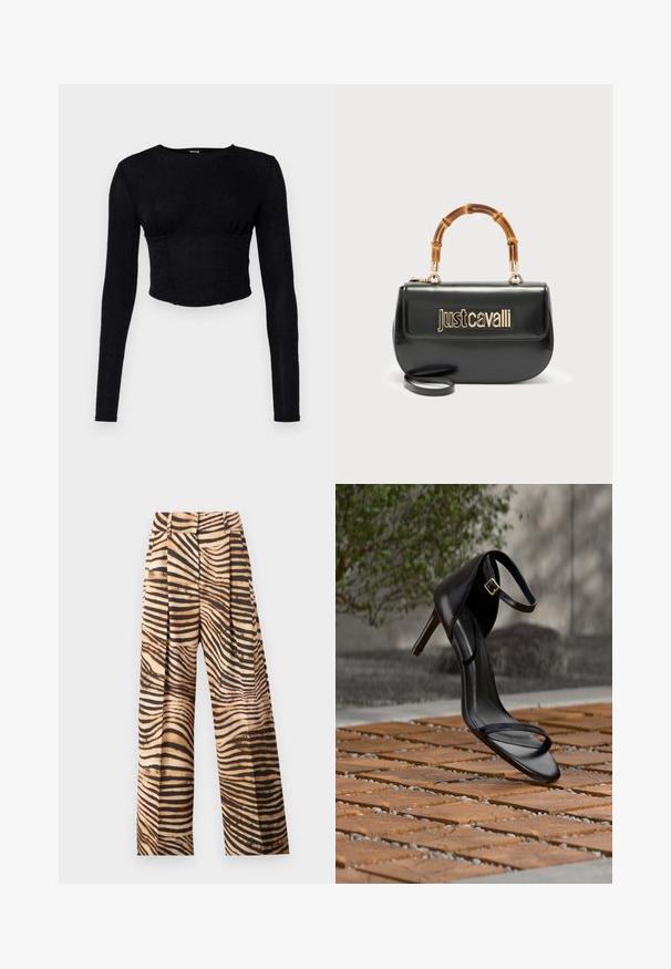 Čierny dlhý rukáv elastický crop top z textúrovanej látky, s priliehavým strihom a zhrnutím v oblasti poprsia.; Široké nohavice v bežovo-hnedom zebrovanom vzore s plisovaním, vysokým pásom a hladkým, lesklým povrchom.; Čierna sandála na vysokom podpätku s remienkom okolo členka sa zdá byť zavesená nad drevenou dlažbou vonku s rozmazaným zeleným porastom a kamenným pozadím.; Čierna kožená kabelka so zlatým logom „Just Cavalli“ na prednej strane a zakrivenou bambusovou rúčkou, vybavená odnímateľným dlhým popruhom.