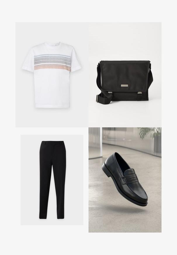 T-shirt blanc à manches courtes présentant des rayures horizontales bleu clair, gris et orange. Conçu dans un ajustement standard avec un col ribbed.; Pantalon formel noir coupe slim avec passants de ceinture et devant propre, présenté sur un fond clair uni.; Mocassin en cuir noir à texture lisse, bout pointu et bande décorative sur le cou-de-pied. Semelle légère, design minimaliste.; Sac messager noir en nylon avec une finition mate. Il dispose d'une fermeture à rabat, d'une sangle réglable et d'une petite plaque en métal avec logo.