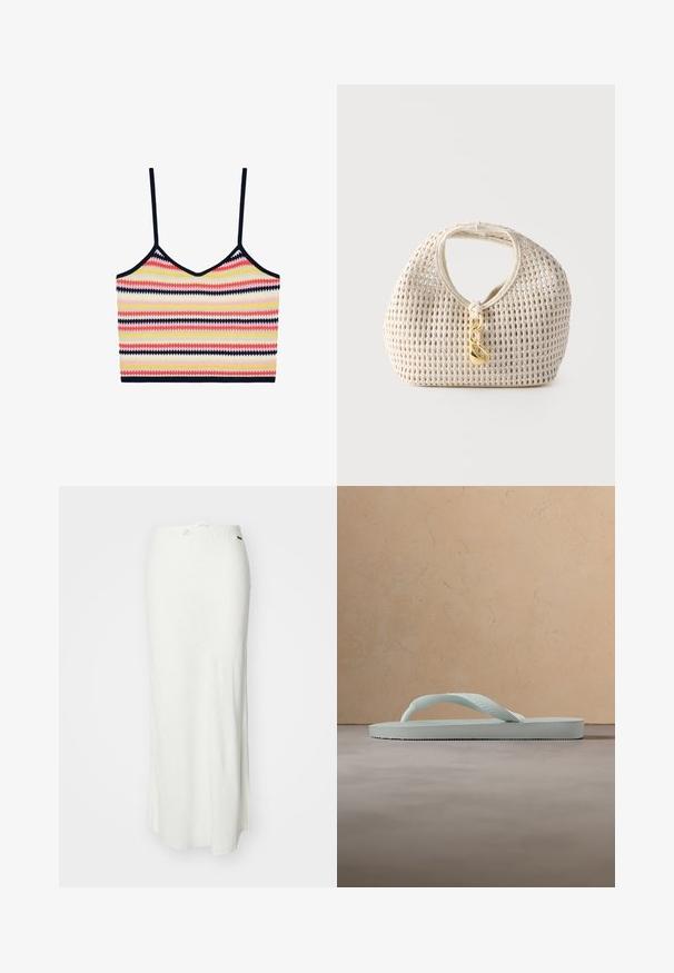 Crop top tricoté avec fines bretelles noires et rayures horizontales multicolores en rose, jaune, blanc, rouge et noir motif zigzag.; Jupe maxi blanche en tissu léger avec une texture lisse, dotée d'une taille élastique avec un cordon de serrage pour l'ajustement.; Tongue en caoutchouc beige clair unique avec semelle texturée et bride en forme de Y sur un fond gris uni.; Sac à main tressé de couleur crème, forme arrondie, poignée courte et fermoir décoratif doré suspendu au centre devant.