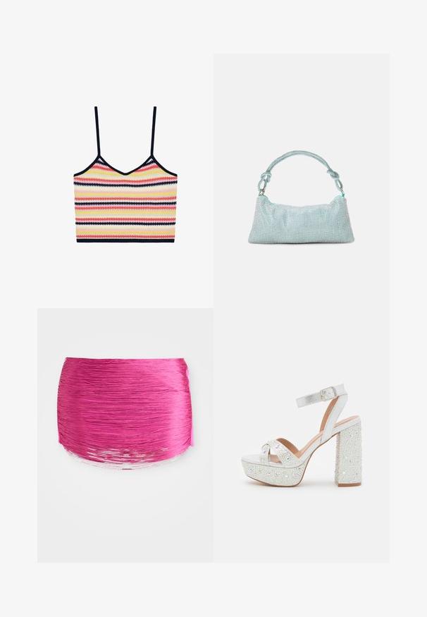 Stripet crop top med v-udskæring, prydet med zigzag mønstre i pink, gul og marineblå på et strikket stof. Justerbare stropper inkluderet.; Lyserød plisseret stof med horisontale linjer, rund form og kontrastfyldt glansfuld kant. Tekstureret med livlig farve og glat finish.; Hvide platform sandaler med en metallisk finish, der har to krydsede stropper, en ankelrem og en blokhæl prydet med funklende sten.; Mascara Clutches - mint