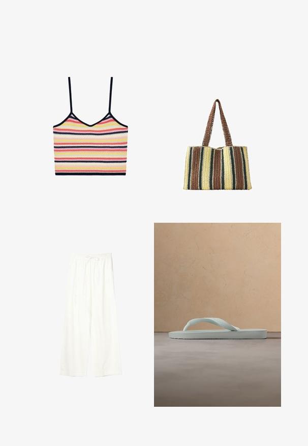 Stripet crop top med v-udskæring, prydet med zigzag mønstre i pink, gul og marineblå på et strikket stof. Justerbare stropper inkluderet.; Hvide bukser med vide ben, elastisk talje og snøre, lavet af letvægtsstof.; Enkel lysebeige gummiflipflop med tekstureret fodseng og Y-formet rem mod en ensfarvet grå baggrund.; Håndvævet mulepose med lodrette striber i brun, creme og mørkegrøn, med to lange brune håndtag.