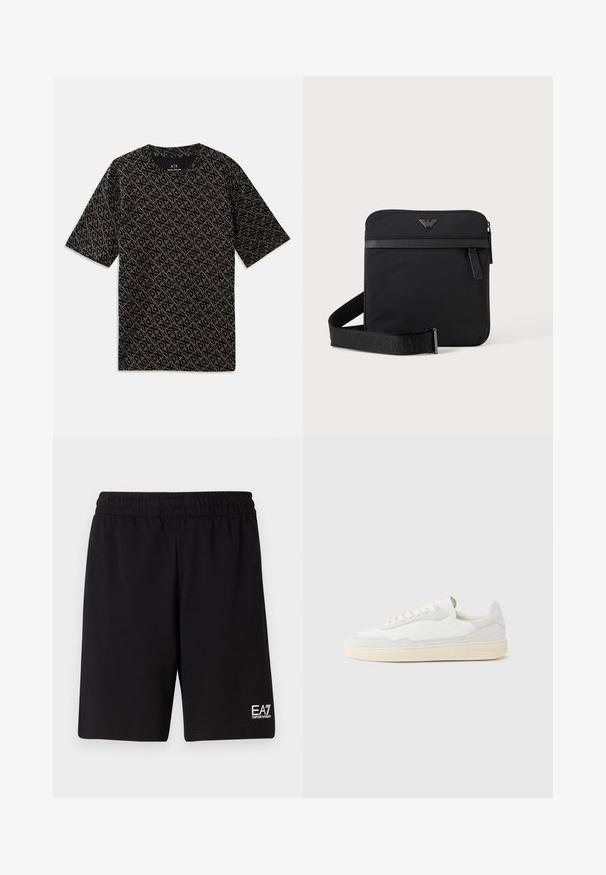 Schwarzes T-Shirt mit einem durchgehenden geometrischen Muster in Gold. Kurze Ärmel, runder Ausschnitt, leichtes Material, lässige Passform.; Schwarze Sportshorts aus weichem Stoff, mit einem elastischen Bund und einem kleinen weißen Logo auf der unteren rechten Seite.; Weißer Sneaker mit strukturiertem Obermaterial aus Wildleder und Leder. Verfügt über eine runde Zehenpartie, Schnürverschluss und eine kontrastierende beige Gummisohle.; Schwarze quadratische Schultertasche mit Reißverschluss, Vordertasche und verstellbarem Riemen mit eingeprägtem Markennamen.