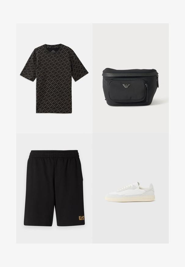 T-shirt noir avec un motif géométrique doré en all-over. Manches courtes, col rond, tissu léger, coupe décontractée.; Shorts de sport noirs en tissu doux, avec une taille élastique et un petit logo jaune EA7 sur le bas de la jambe gauche.; Baskets blanches avec dessus en daim et cuir texturé. Caractérisées par un bout arrondi, une fermeture à lacets et une semelle en caoutchouc beige contrastante.; Sac banane noir avec poche avant zippée et logo aigle argenté, tissu lisse avec bordure texturée et tirettes de fermeture éclair.