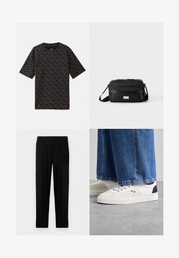Sort T-shirt med et heloverde geometrisk mønster i guld. Korte ærmer, rund hals, letvægtsstof, afslappet pasform.; Sorte skræddersyede bukser med en glat tekstur, elastisk talje og to sidelommer. Har et elegant, lige ben design.; Hvide og sorte sneakers med en glat læderoverdel, teksturerede detaljer og en kraftig hvid sål. Har et klassisk snørebåndsdesign.; Sort rektangulær crossbody-taske med front lynlåslomme, justerbar rem og sølv rektangulært logo mærke på ensfarvet baggrund.