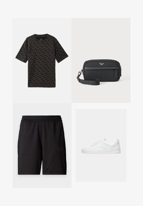 Schwarzes T-Shirt mit einem durchgehenden geometrischen Muster in Gold. Kurze Ärmel, runder Ausschnitt, leichtes Material, lässige Passform.; Schwarze Sportshorts aus leichtem Material, mit elastischem Bund und seitlichen Netzpaneelen. Markenlogo auf der Vorderseite gedruckt.; Weißer Sneaker mit niedrigem Schaft, Schnürdesign, glattem Lederobermaterial und dicker Sohle, von der Seite auf einfachem Hintergrund gezeigt.; Schwarze rechteckige Armbanduhr-Tasche mit vorderer Reißverschlusstasche, silbernem Logo-Emblem und abnehmbarem Riemen mit gebrandetem Text.