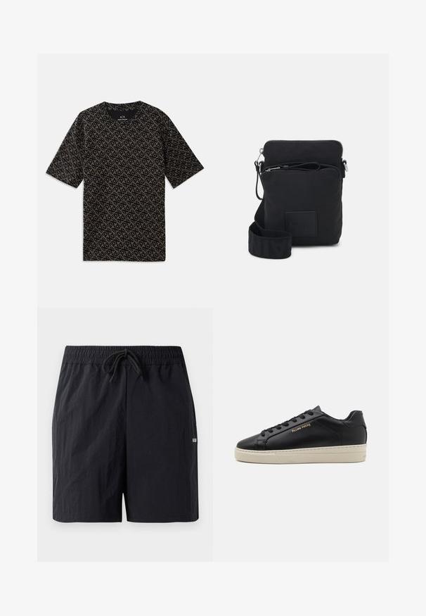 Sort T-shirt med et heloverde geometrisk mønster i guld. Korte ærmer, rund hals, letvægtsstof, afslappet pasform.; Sorte badeshorts lavet af struktureret stof, med elastisk talje med snor og et lille logo på siden.; Sorte lædersneakers med en glat finish, kontrasterende cremefarvet sål, rund tå, guld logo på siden og seks huller til snørebånd.; Sort nylon crossbody taske med lynlås, justerbar stofrem og logo-patch. Har et minimalistisk design og en glat tekstur.