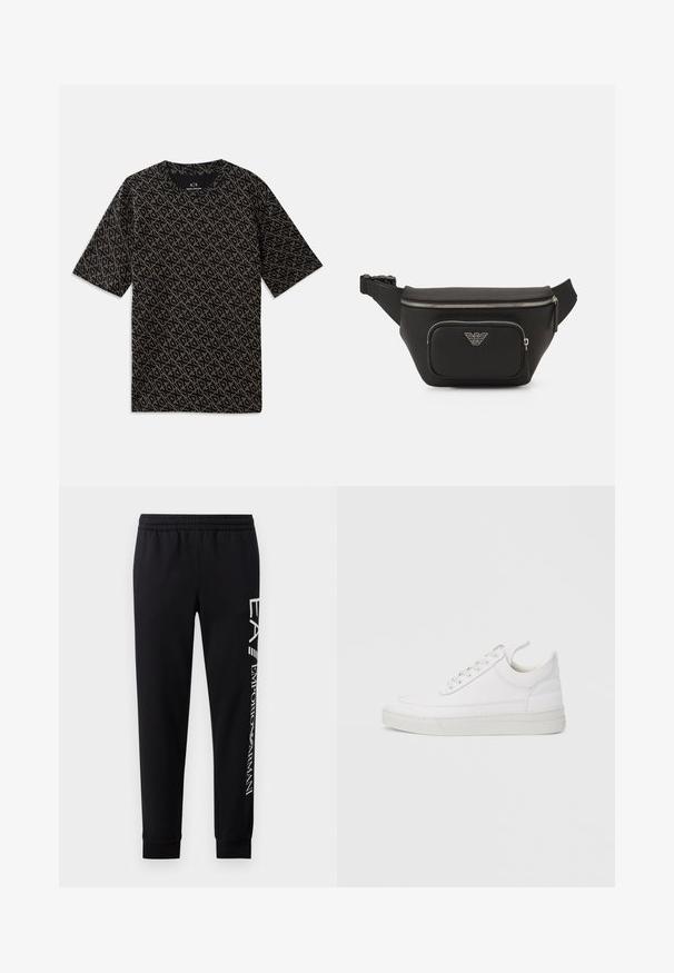 Schwarzes T-Shirt mit einem durchgehenden geometrischen Muster in Gold. Kurze Ärmel, runder Ausschnitt, leichtes Material, lässige Passform.; Schwarze Sweatpants aus Baumwollmischung mit elastischem Taillenbund, schmal zulaufenden Beinen, gerippten Bündchen und weißem Logo-Druck entlang der Seite.; Weißer Ledersneaker mit abgerundetem Zehenbereich, flacher Sohle und Schnürverschluss. Verfügt über Nahtdetails und einen gepolsterten Kragen für zusätzlichen Komfort.; Schwarze Bauchtasche aus strukturiertem Stoff, mit einer vorderen Reißverschlusstasche, silbernem Zubehör und einem geprägten Logo. Verstellbarer Gurt ist enthalten.
