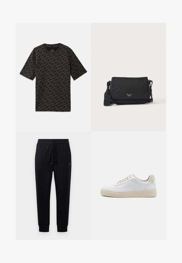 T-shirt noir avec un motif géométrique doré en all-over. Manches courtes, col rond, tissu léger, coupe décontractée.; Pantalon de survêtement noir avec une taille à cordon, poches latérales et bas côtelés. Fabriqué en tissu doux, avec un détail de logo discret sur la cuisse.; Sneaker blanche avec un dessus en cuir lisse, des lacets beige et un onglet de talon en daim beige texturé. Semelle surélevée pour une hauteur supplémentaire.; Sac bandoulière noir avec sangle réglable et petit emblème logo argenté sur le rabat avant, présenté sur un fond clair uni.