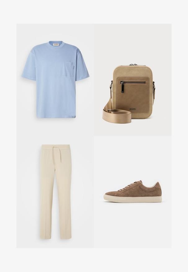 Helles blaues T-Shirt aus Baumwolle. Mit Rundhalsausschnitt, kurzen Ärmeln und einer Brusttasche mit dekorativem Stitching. Glatte Textur.; Beige, elastische Hosen mit einem Kordelzug. Sie haben gerade Beine und eine glatte Textur, geeignet für Freizeit oder Entspannung.; Braune Wildleder-Sneaker für die Freizeit mit niedrigem Profil, flacher beige Gummisohle und sechs Schnürlöchern. Abgerundete Zehenform und minimalistisches Design.; Kleine beige Umhängetasche mit vorderer Reißverschlusstasche, metallischem ALDO-Logo, verstellbarem breitem Riemen und abgerundeter rechteckiger Form vor weißem Hintergrund.