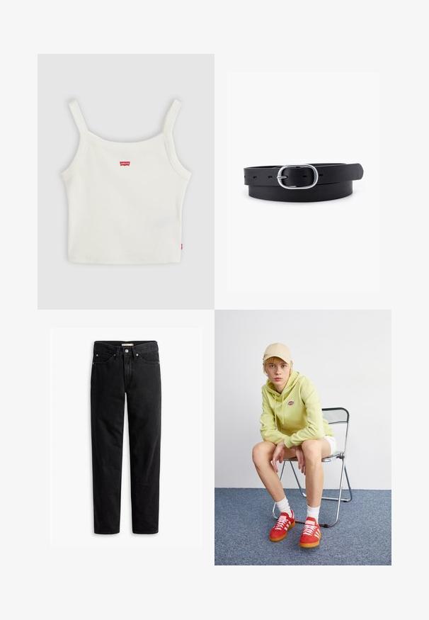 Crop top blanc côtelé avec fines bretelles et petit logo Levi's rouge au centre devant et sur la couture latérale.; Jeans noirs à jambe droite avec fermeture à bouton et à zip, passants de ceinture et poches avant et arrière, présentés à plat sur un fond blanc.; Un sweat à capuche vert clair avec logo, un short blanc, des baskets rouges avec rayures blanches, assis sur une chaise pliante en chrome contre un fond neutre.; Ceinture en cuir noir au toucher lisse, boucle en métal argenté de forme ovale et plusieurs trous d'ajustement le long de la sangle. Design plat et minimal.
