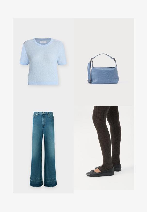 Pull tricoté bleu clair à manches courtes avec encolure, poignets et ourlet en bord-côtes, présenté sur un fond blanc uni.; Jean denim bleu taille haute à jambes larges, cinq poches, fermeture à boutons et légère décoloration près des ourlets.; Jambes portant des leggings côtelés foncés associés à des ballerines noires avec de petits détails en nœud sur fond blanc.; Sac à main bleu clair embossé façon crocodile avec une poignée courte et une bandoulière amovible. Texture lisse avec une fermeture éclair.