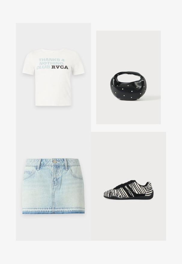T-shirt blanc à manches courtes avec le texte "THANKS 4 NOTHING CLUB RVCA" imprimé sur la poitrine en lettres bleues et noires.; Mini-jupe en denim bleu clair avec boutons à l'avant, passants pour ceinture et poches latérales, présentée sur un fond blanc uni.; Baskets à lacets noires et blanches avec motif rayures zèbre et semelle noire texturée sur un fond clair uni.; Sac à main en cuir noir de forme arrondie, décoré de clous argentés et équipé d'une poignée courte. Texture lisse et fermeture éclair.