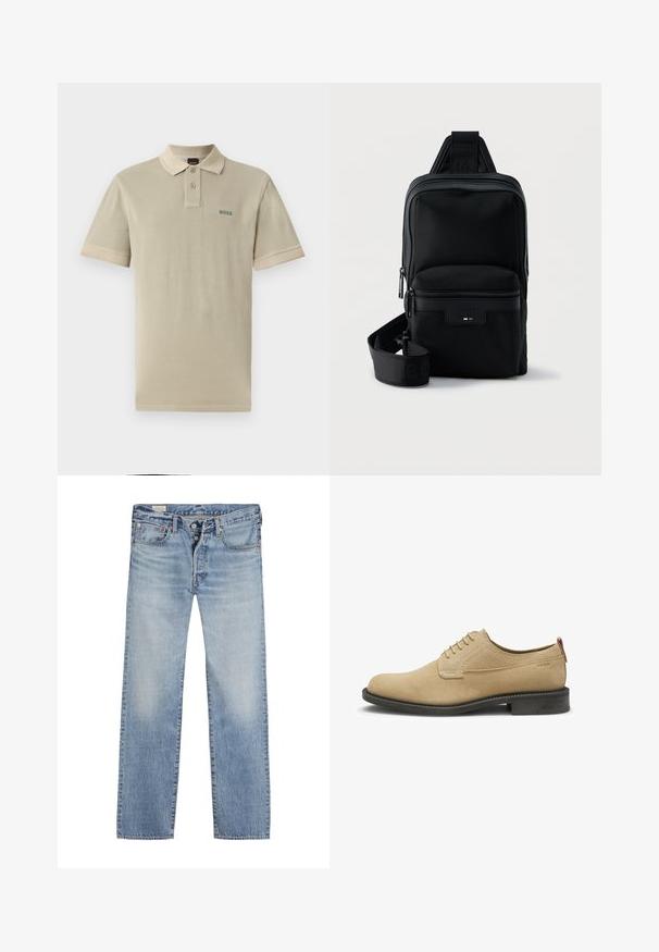 Camisa polo beige de algodón con un color de contraste en el cuello y los puños de las mangas. Presenta un logo verde de "BOSS" en el lado izquierdo del pecho.; Jeans de mezclilla azul claro con pierna recta, que cuentan con un cierre de botón, diseño de cinco bolsillos y textura desgastada a lo largo de los muslos.; Zapato de vestir beige de ante con cordones, suela negra, tacón bajo y detalles cosidos, con una pequeña lengüeta en la parte trasera.; Bolso compacto negro de bandolera con bolsillo frontal con cremallera, correa ajustable y tela texturizada sobre fondo liso.