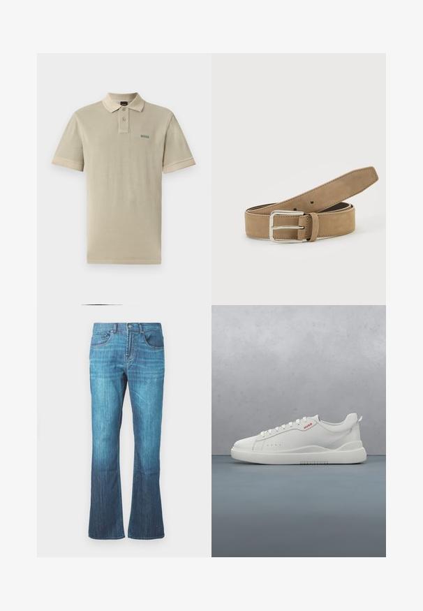 Beige poloshirt van katoen met een contrasterende kraag en mouwboorden. Heeft een groen "BOSS" logo op de linkerkant van de borst.; Mid-blue gewassen denim jeans met een lichte flare aan de onderkant, klassieke vijf-pocket ontwerp, en een sluiting met knoop en rits aan de voorkant.; Witte sneaker met een gladde leren afwerking, ronde neus, vier veterogen, subtiele perforaties en een rood logo detail aan de zijkant.; Lichtbruine suède riem met zilveren metalen gesp, opgerold en geplaatst op een wit oppervlak.