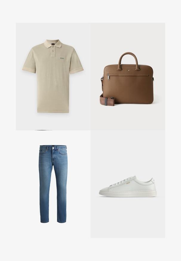 Beige poloshirt van katoen met een contrasterende kraag en mouwboorden. Heeft een groen "BOSS" logo op de linkerkant van de borst.; Lichtblauwe denim jeans met een regular fit, voorzien van een gladde textuur, een vijf-pocket design en een ritssluiting met knoop. ; Witte lage leren sneaker met veters, platte zool en klein gouden "BOSS" logo aan de zijkant, gezien vanaf de buitenkant.; Bruine leren aktetas met bovenhandvatten, voorvak met ritssluiting en afneembare bijpassende schouderriem op witte achtergrond.