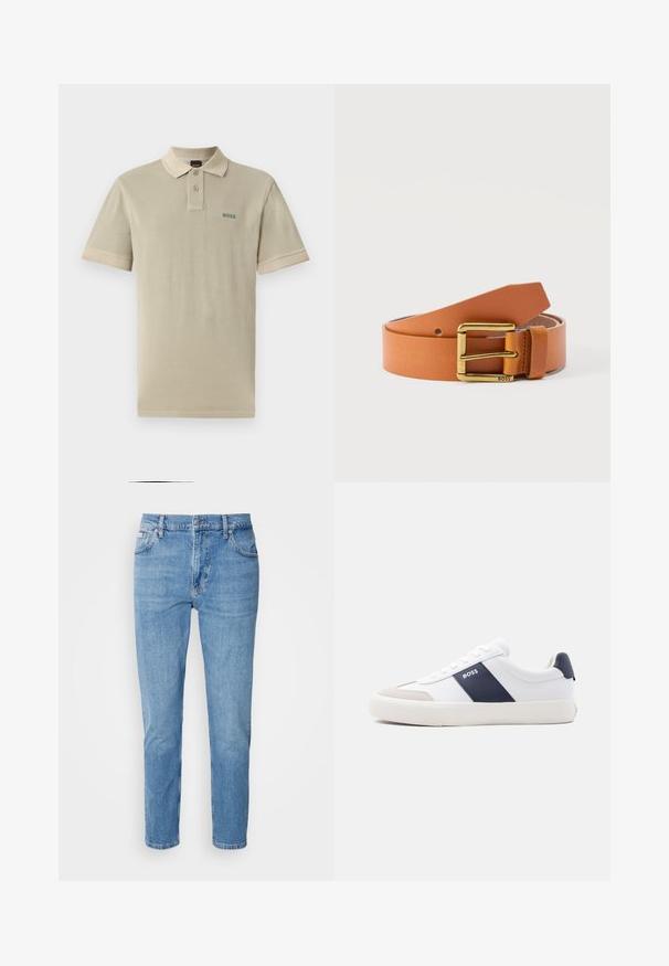 Camisa polo beige de algodón con un color de contraste en el cuello y los puños de las mangas. Presenta un logo verde de "BOSS" en el lado izquierdo del pecho.; Vaqueros de mezclilla azul claro con corte recto, diseño de cinco bolsillos y un sutil desgastado. Presentan un cierre de botón y pasadores para cinturón.; Zapatilla blanca de corte bajo con raya lateral azul marino, logo "BOSS", puntera beige y suela blanca, mostrada de perfil sobre un fondo claro.; Cinturón de cuero color canela enrollado con hebilla rectangular dorada grabada con "BOSS" en la esquina inferior derecha de la hebilla.