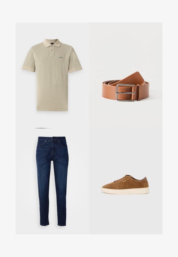Polo beige en coton avec un col et des poignets contrastés. Doté d'un logo "BOSS" vert sur la poitrine gauche.; Jean en denim bleu foncé avec une coupe droite, comportant des poches et une fermeture à bouton à la taille. Texture douce, détails de décoloration minimes.; Baskets en daim marron avec bout rond, semelle en caoutchouc crème et lacets ton sur ton. Présentent un logo en relief sur le côté et un panneau arrière lisse.; Ceinture en cuir marron clair enroulée avec une boucle métallique rectangulaire argentée brillante sur fond blanc.