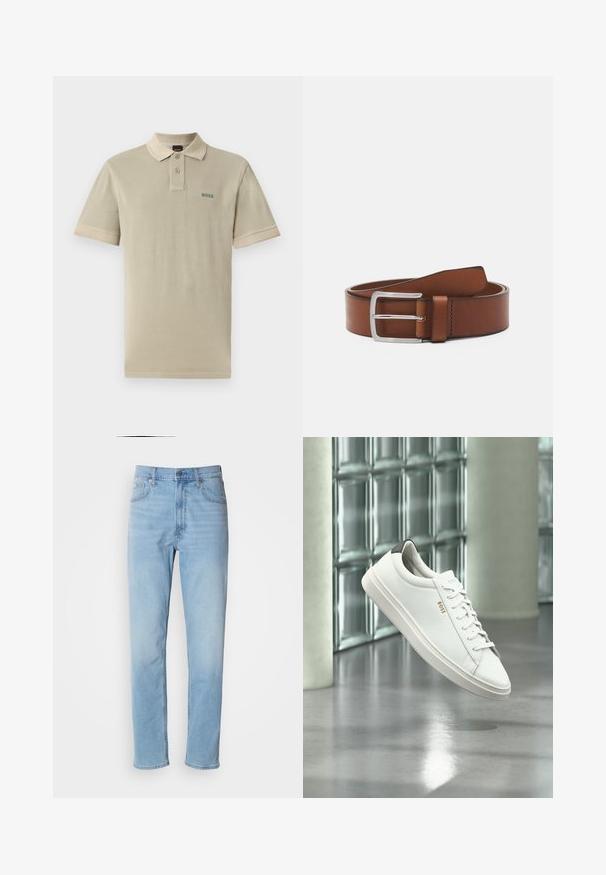 Beige poloshirt van katoen met een contrasterende kraag en mouwboorden. Heeft een groen "BOSS" logo op de linkerkant van de borst.; Lichtblauwe denim jeans met een rechte pasvorm, vijf zakken en riemlussen. De stof heeft een gladde textuur met een lichte vervaging.; Witte leren lage sneaker met veters, zwarte hielstrook en "BOSS"-logo, zwevend binnenshuis bij een glazen stenen muur en gepolijste vloer.; Bruine leren riem met een gladde textuur, voorzien van een rechthoekige zilveren gesp en een enkele pin voor bevestiging. Klassiek ontwerp en duurzaam materiaal.
