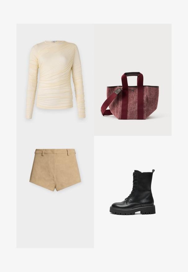 Cremefarvet bluse med lange ærmer, prydet med rynket tekstur og en let tætsiddende silhuet. Blødt stof med rund halsudskæring og glatte sømme.; Beige shorts med høj talje, bæltestropper, en forreste søm og en let skrå kant på en ensartet lys grå baggrund.; Sort læder snøret kampstøvle med tykk lugsål, ankelhøj skaft og strop bagpå mod en hvid baggrund.; Bordeaux farvet tote bag lavet af struktureret stof, med brede skulderremme, en robust bund og en kontrasterende sort kant langs toppen.