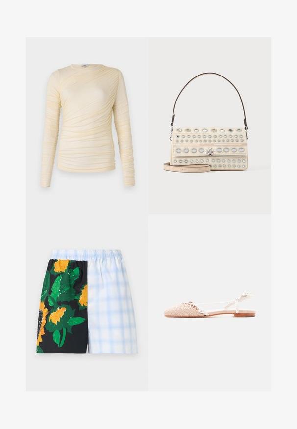 Cremefarvet bluse med lange ærmer, prydet med rynket tekstur og en let tætsiddende silhuet. Blødt stof med rund halsudskæring og glatte sømme.; Shorts med elastisk talje og delt design: den ene side er sort med store gule solsikker og grønne blade, den anden side har et lyseblåt og hvidt ternet mønster.; Beige vævet flad sandal med spids tå, flettet ankelrem og lille spænde ved hæl på hvid baggrund.; Beige rektangulær håndtaske med sølvfarvede cirkulære nitter, et kort håndtag, en aftagelig lang rem og en central metal logo-lås.