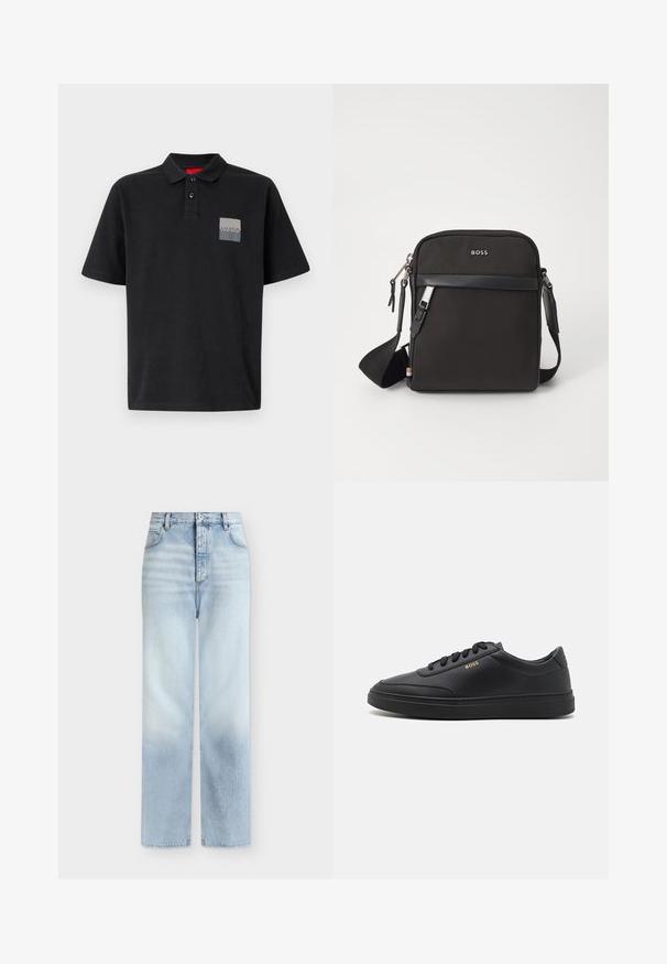 Camisa polo negra de algodón con un cuello de dos botones, mangas cortas y un parche rectangular gris en el lado izquierdo del pecho.; Vaqueros azul claro de talle alto y pierna recta con bolsillos delanteros, trabillas para cinturón y cierre de botón.; Zapatillas de cuero negro con una textura suave, punta redondeada, suela plana de goma y cordones a tono. Presentan el logotipo dorado "BOSS" en el lateral.; Bolso bandolero negro con un tejido texturizado, logo en la parte frontal, cierre de cremallera y correa ajustable. Presenta un ribete de cuero suave.