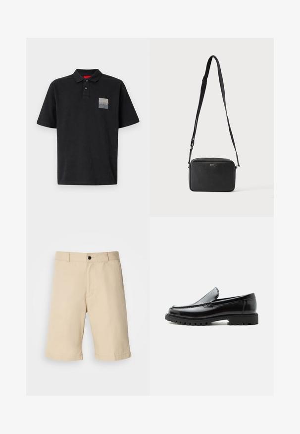 Polo noir en coton avec un col à deux boutons, des manches courtes et un patch logo rectangulaire gris sur la poitrine gauche.; Shorts beiges en tissu léger, avec une taille plate, une taille standard avec fermeture à bouton, et un ourlet droit.; Mocassin en cuir noir avec semelle en caoutchouc épaisse, dessus cousu et nom de marque embossé sur le talon, présenté de profil sur fond blanc.; Sac bandoulière rectangulaire noir avec sangle réglable et logo BOSS sur le devant, sur un fond clair uni.