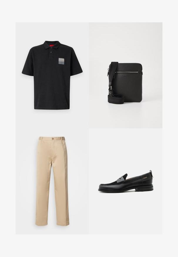 Polo noir en coton avec un col à deux boutons, des manches courtes et un patch logo rectangulaire gris sur la poitrine gauche.; Pantalons beiges en tissu léger, avec une coupe droite, une taille avec passants de ceinture et une fermeture à bouton sur le devant.; Mocassin en cuir noir avec détail de bride grise, talon bas et semelle texturée, marqué "HUGO" en or sur le côté.; Sac à bandoulière en cuir noir avec une surface texturée, poche avant zippée et une sangle en tissu réglable. Design simple et carré.