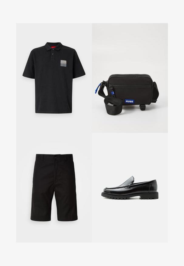 Camisa polo negra de algodón con un cuello de dos botones, mangas cortas y un parche rectangular gris en el lado izquierdo del pecho.; Pantalones cortos negros de tela sólida, con corte recto, cierre de botón y una textura suave sin patrones visibles.; Mocasín de cuero negro con suela de goma gruesa, empeine cosido y nombre de la marca en relieve en el talón, mostrado en perfil lateral sobre fondo blanco.; Bolso cruzado de tela negra con cierre de cremallera, parche de logo azul, correa ajustable y superficie texturizada. Diseño rectangular compacto.