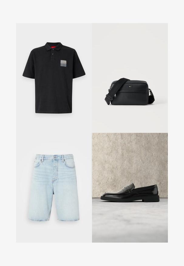 Sort polo shirt lavet af bomuld med en krave med to knapper, korte ærmer og en grå rektangulær logopatch på venstre bryst.; Lys blå denimshorts med høj talje, knaplukning og fem-lomme stil. Har diskret falmning og lige ben.; Sort poleret læderloafer flydende over beige tæppe med orange gennemsigtigt møbel i baggrunden.; Sort tekstureret læder crossbody taske med front lynlåslomme og justerbar bred stofskulderrem på hvid baggrund.