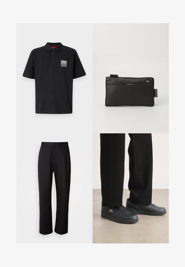 Zwarte polo shirt van katoen met een kraag met twee knopen, korte mouwen en een grijze rechthoekige logopatch op de linkerkant van de borst.; Zwarte broek met een rechte snit, gemaakt van lichtgewicht stof. Heeft een frontale knoopsluiting en twee zijzakken; gladde textuur.; Zwarte lage sneakers van glad leer, met een gestructureerde rubberen zool, vetersluiting en een klein groen geborduurd logo.; Zwarte leren clutch met een gladde textuur, voorzien van een ritsluiting, een voorvak en een verstelbare schouderband. Minimalistisch ontwerp.