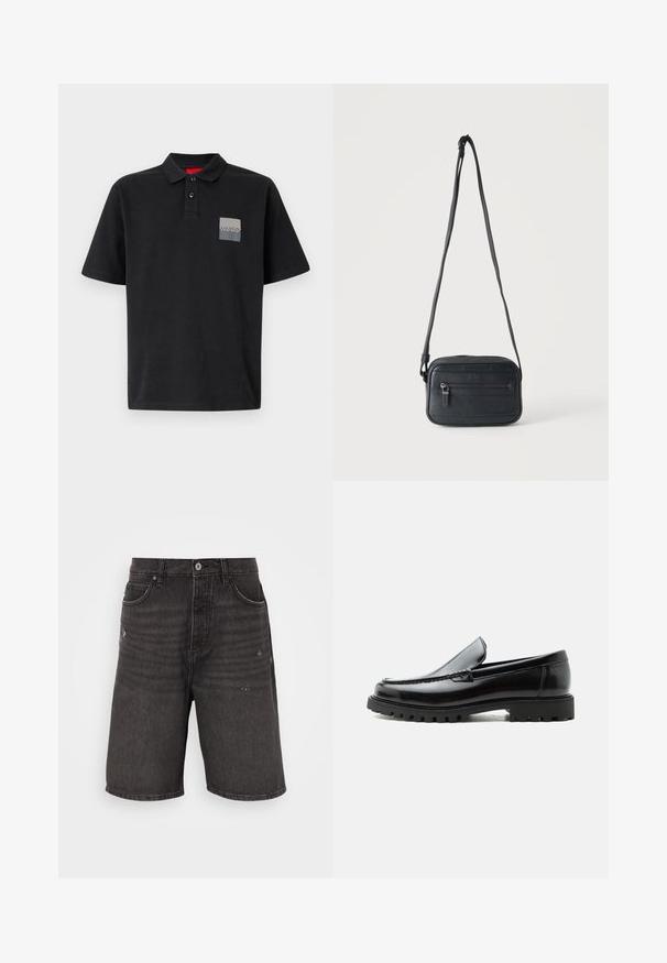 Zwarte polo shirt van katoen met een kraag met twee knopen, korte mouwen en een grijze rechthoekige logopatch op de linkerkant van de borst.; Zwarte denimshorts met een ontspannen pasvorm, voorzien van frontzakken, een verouderde textuur en een klassieke tailleband met een enkele knoopsluiting.; Zwarte leren loafer met dikke rubberen zool, gestikte bovenkant en gegraveerde merknaam op de hiel, zijaanzicht op witte achtergrond.; Zwarte crossbodytas met een voorvak met rits, een gestructureerd oppervlak en een verstelbare band, hangend tegen een effen lichte achtergrond.
