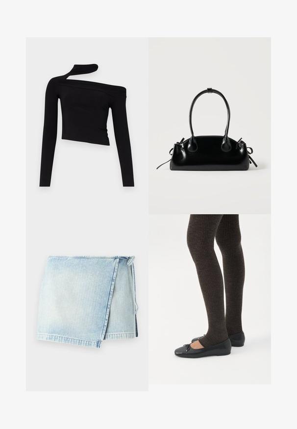 Gina Tricot CUT OUT - Μπλούζα με μακριά μανίκια - black; Ανοιχτό μπλε τζιν φούστα με περιτύλιγμα και με φθαρμένο τελείωμα, διαθέτει κλείσιμο με κορδόνι στη μία πλευρά. Το ύφασμα έχει ξεθωριασμένη, φθαρμένη υφή.; Πόδια με σκουρόχρωμα ριμπ κολάν συνδυασμένα με μαύρα μπαλαρίνα παπούτσια με μικρές λεπτομέρειες φιόγκων σε λευκό φόντο.; Μικρή μαύρη γυαλιστερή τσάντα με δύο μακριές λαβές και λεπτομέρειες με ρυθμιζόμενο κορδόνι στο πλάι σε απλό ανοιχτό φόντο.