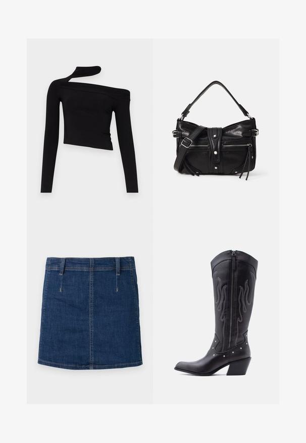 Gina Tricot CUT OUT - Pikkade varrukatega topp - black; Tume sinine denimmine seelik, millel on nopitud disain, ees olevad taskud ja nähtavad õmblused. Omab sirget äärist ja vööde kinnitusi.; Mustad nahast kauboisaapad terava ninaga, nähtavate õmblustega, hõbedaste naelakujuliste aksessuaaridega ja siseküljel lukuga.; Even&Odd H24462 - Käekott - black