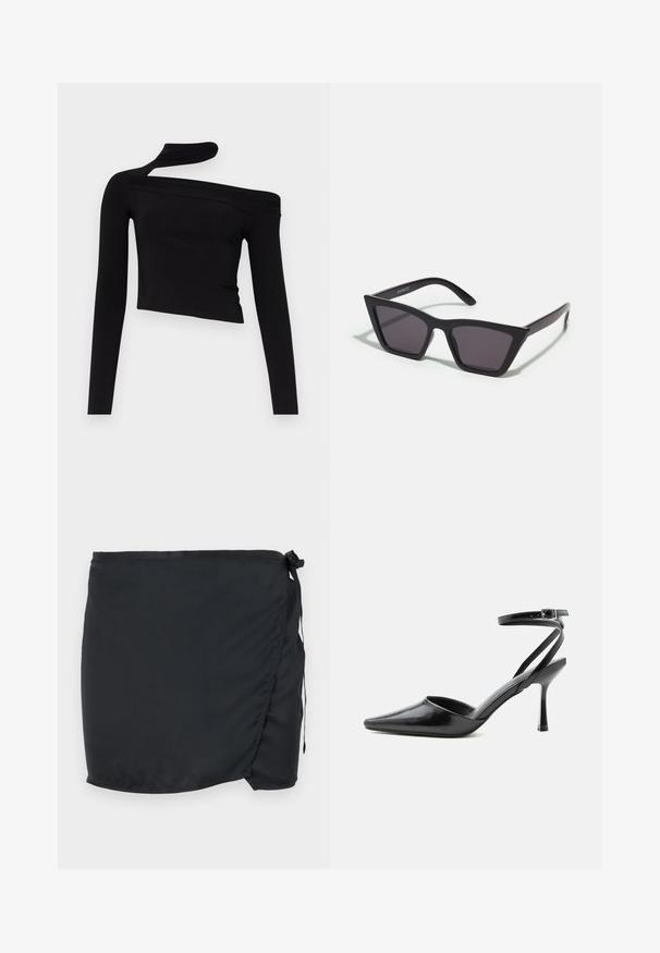 Gina Tricot CUT OUT - Top s dlhým rukávom - black; Čierna plavecká sukňa s viazaním, vyrobená z ľahkej látky. Obsahuje bočné zapínanie a hladkú textúru.; Čierny lodička na vysokom opätku so špicatou špičkou, tenkými remienkami okolo členku a striebornou prackou na jednoduchom svetlom pozadí.; Čierne, ostré slnečné okuliare so sivými sklami; vyrobené z plastu, majú hrubé ramená s hladkým povrchom a bez viditeľnej mechaniky.