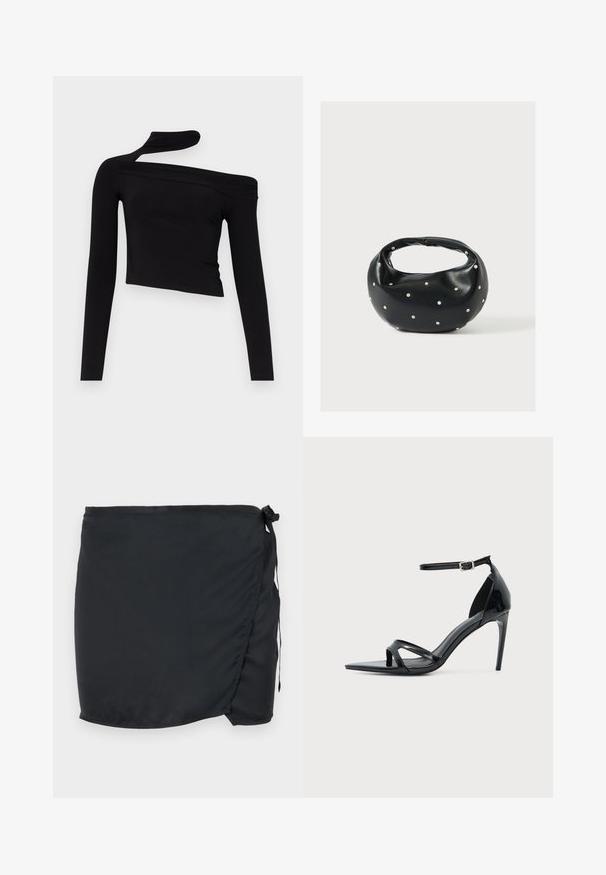 Gina Tricot CUT OUT - Top s dlhým rukávom - black; Čierna plavecká sukňa s viazaním, vyrobená z ľahkej látky. Obsahuje bočné zapínanie a hladkú textúru.; Čierne lakované kožené sandále na vysokom podpätku s tenkým remienkom okolo členku, otvorenou špičkou a minimalistickým dizajnom na jednoliatom svetlom pozadí.; Čierna kožená kabelka s zaobleným tvarom, zdobená striebornými cvočkami a krátkym rúčkou. Hladká textúra a zapínanie na zips.