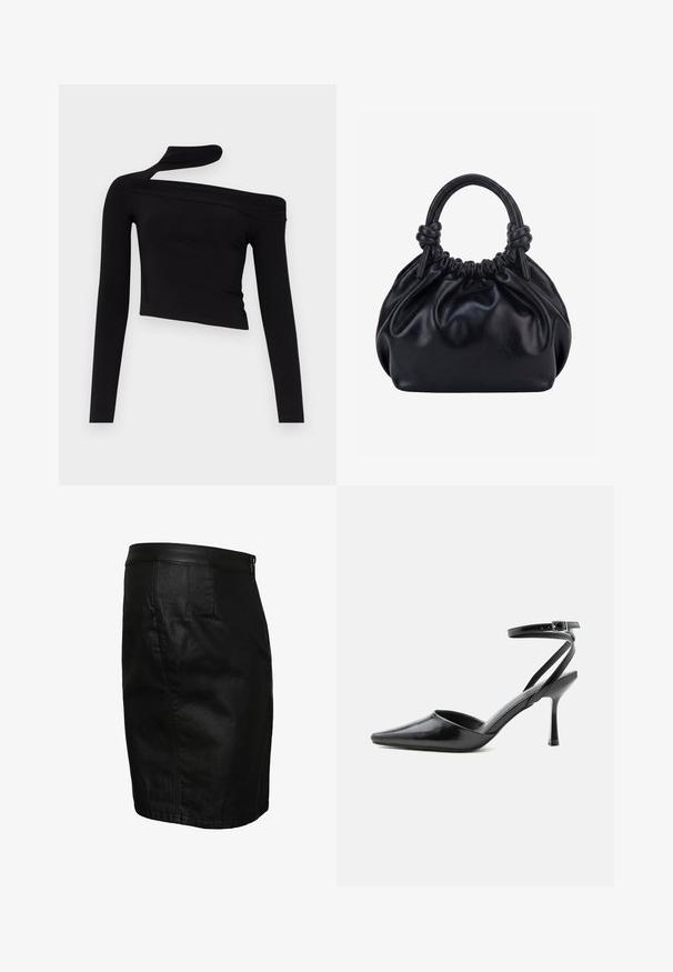 Gina Tricot CUT OUT - Top s dlhým rukávom - black; Čierna rifľová sukňa s priliehavým strihom, hladkým koženým pásom, jednoduchým prešívaním a bočnými vreckami. Bez viditeľných vzorov alebo akcentov.; Čierny lodička na vysokom opätku so špicatou špičkou, tenkými remienkami okolo členku a striebornou prackou na jednoduchom svetlom pozadí.; Čierna mäkká kožená kabelka so zožmúreným vrchným okrajom a dvoma hrubými uchami zviazanými uzlami na jednoliatom svetlom pozadí.