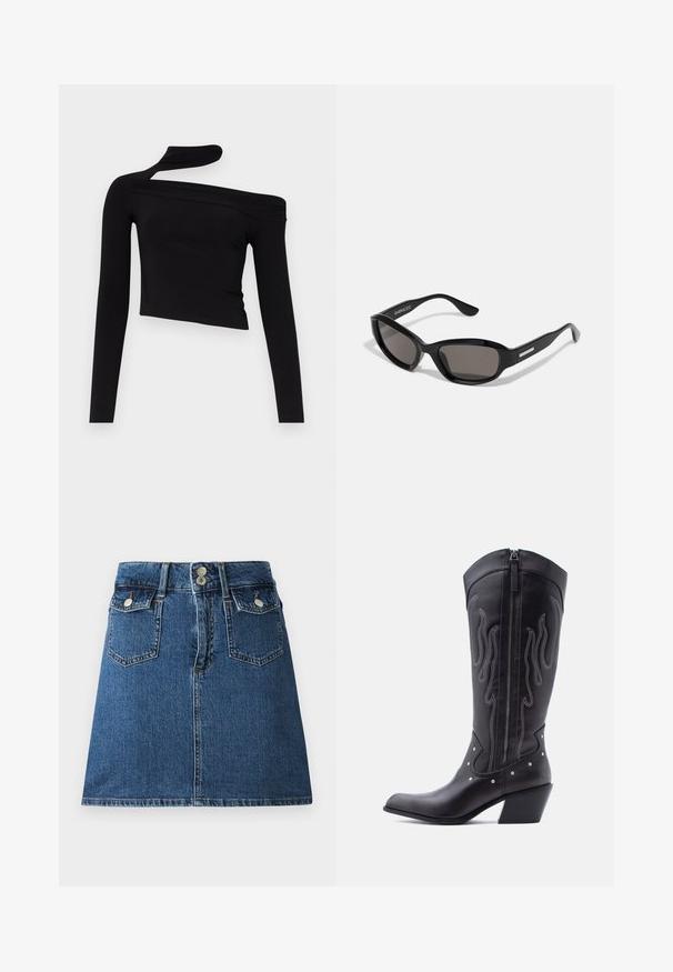 Gina Tricot CUT OUT - Langærmet T-shirt - black; Denim nederdel i dyb blå, med en tætsiddende talje, to forlommer, to baglommer og sølvfarvede knaplukninger.; Sorte cowboystøvler i læder med spids tå, synlige sømme, sølvfarvede nitte-detaljer og lynlås på den indvendige side.; Sorte solbriller med rektangulært stel, mørke linser, glat plastmateriale og en metalaccent på templet.