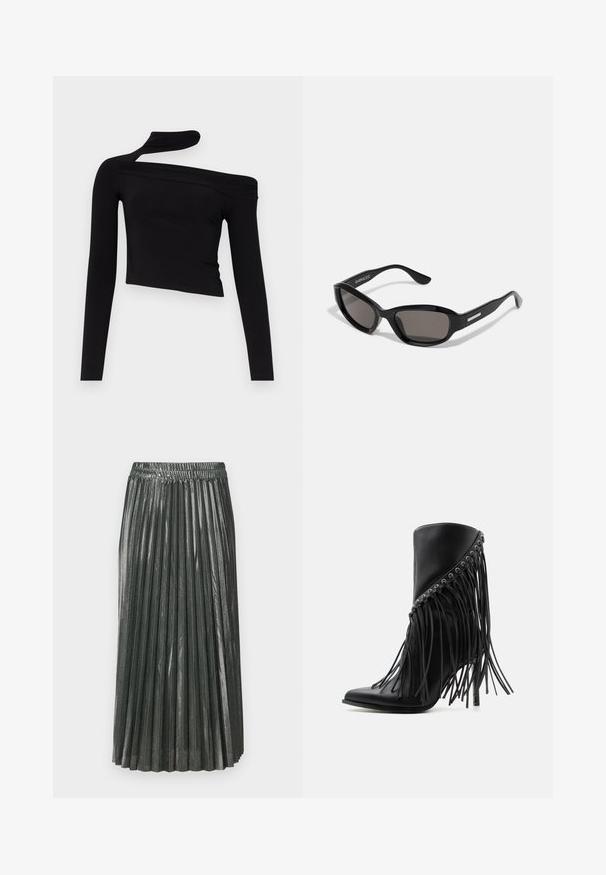 Gina Tricot CUT OUT - Pikkade varrukatega topp - black; Metallikroheline voltitud seelik, millel on elastne vöökoht. Sellel on kitsad, vertikaalsed voldid ja keskmise pikkusega disain, mis loob struktureeritud silueti.; Mustad kõrgete kontsadega pahkluu saabaste eesnurkadega fransside ja metallist silmadega ülaääres, terava varba ja kontsaga sandaal.; Mustad prillid, millel on ristkülikukujuline raam, tumedad objektiivid, sile plastikmaterjal ja metallist aksent tempel.