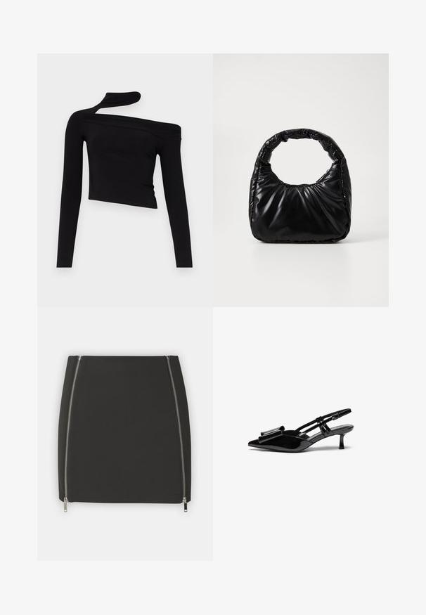 Gina Tricot CUT OUT - Top s dlhým rukávom - black; Čierna sukňa s dvoma bočnými zipsami. Vyrobená z hladkej textílie s priliehavým strihom a rovnom lemom. Minimalistický a funkčný štýl.; Čierne lakované kožené slingback opätky s špicatou špičkou, mašľou na prednej strane a malým ihličkovým podpätkom. Popruhy majú nastaviteľné spony.; Čierna vycpaná kabelka s okrúhlym držadlom, s hladkým, lesklým povrchom a jemnou prešitou textúrou. Žiadne viditeľné kovanie ani akcenty.