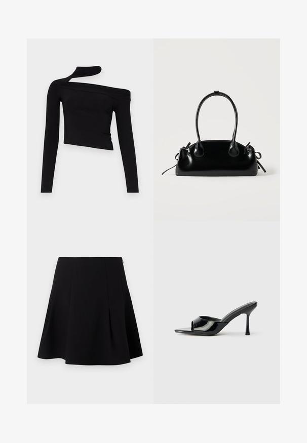 Gina Tricot CUT OUT - Langærmet T-shirt - black; Sort flared nederdel med folder foran, en glat tekstur og en skjult lynlås lukning bagpå.; Sorte patenterede læder open-toe mules med en smal strop og stiletto hæl. Glat tekstur og minimalistisk design med en flad sål.; Lille sort blank håndtaske med to lange håndtag og snøre-detaljer i siden på en ensfarvet lys baggrund.