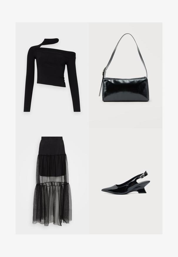 Gina Tricot CUT OUT - Camiseta de manga larga - black; Falda negra de capas que presenta una sección inferior translúcida y texturizada, una cintura elástica y un diseño fluido. Compuesta de materiales ligeros.; Zapato slingback de cuero charol negro con puntera puntiaguda y tacón bajo en bloque inclinado sobre fondo claro liso.; Bolso de hombro rectangular negro con una correa ajustable y un cierre de cremallera superior sobre un fondo liso.