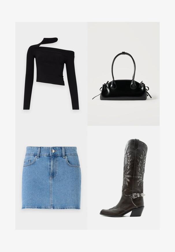 Gina Tricot CUT OUT - Pikkade varrukatega topp - black; Heledan denim mini seelik helesinis. Omab kitsast disaini, viit taskut, nööbiga kinnitust ning sirget äärt, millel on kerge kulumine.; Mustast nahast kameelisaap kaunistavate lõigetega, hõbedase pandla ja kaldu kannaosaga, valgel taustal.; Väike must läikiv käekott kahe pika sangaga ja külgedel paelakinnitustega, ühel lihtsal helel taustal.