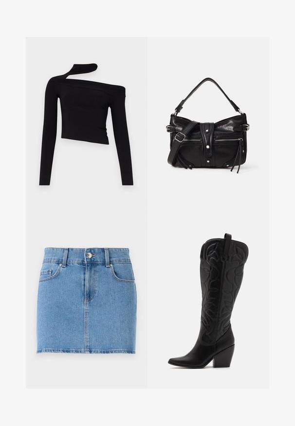Gina Tricot CUT OUT - Μπλούζα με μακριά μανίκια - black; Τζιν μίνι φούστα σε ανοιχτό μπλε χρώμα. Διαθέτει εφαρμοστή σχεδίαση, στυλ πέντε τσέπες, κούμπωμα με κουμπί και ίσια τελείωμα με ελαφριά φθορά.; Μαύρες δερμάτινες μπότες μέχρι το γόνατο με μυτερή μύτη και στρωμένο τακούνι. Διαθέτουν διακοσμητικές ραφές και κυρτά σχεδιαστικά στοιχεία.; Even&Odd H24462 - Τσάντα χειρός - black