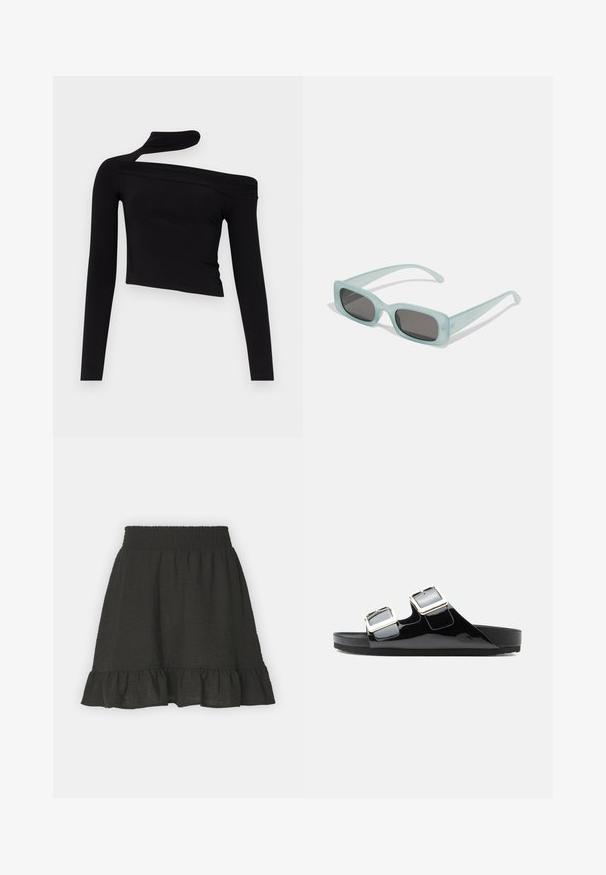 Gina Tricot CUT OUT - Pikkade varrukatega topp - black; Mustal pikk-sinine seelik, mis on valmistatud tekstureeritud kangast, omab volangiga sääremarjaosa ja elastset vööd. Lihtne disain ilma mustrite või aktsentideta.; Must läikiv suvejalanõu, millel on kaks reguleeritavat hõbedast ruudukujulist pandlat ja lame tald.; Kaks ümmargust päikeseprilli, millel on helesinised poolläbipaistvad raamid ja tumehallid objektiivid, sirged tempud ja minimaalsete detailidega riistvara.